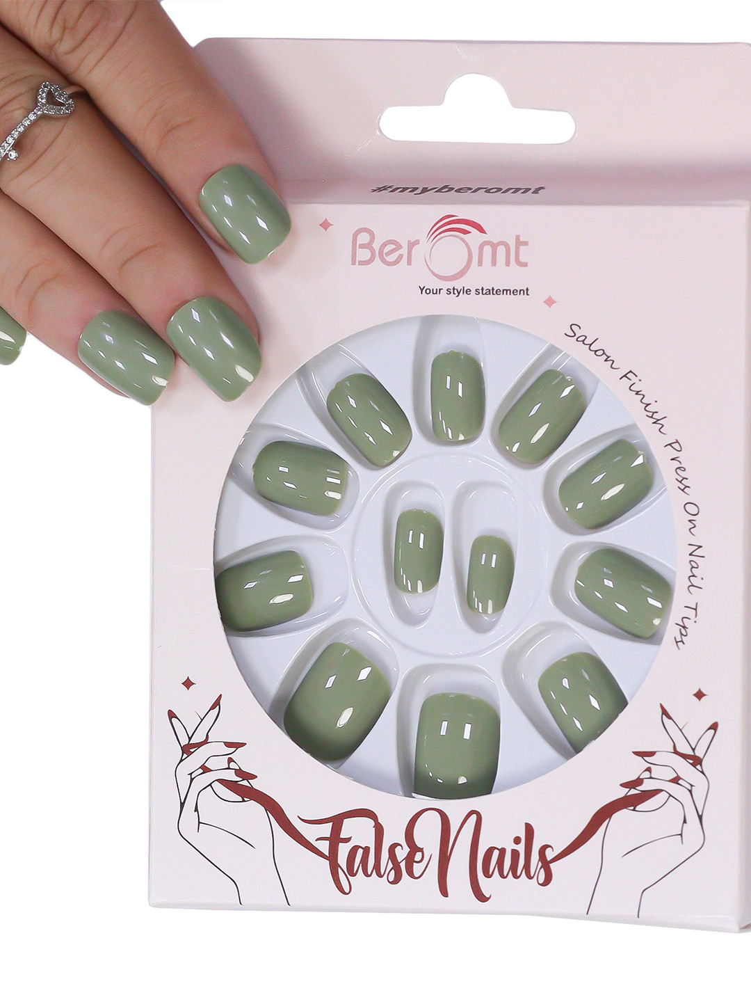 

BEROMT 12 Pcs Long-Lasting Reusable Premium Glossy Salon Finish Press on Nails - Shade 318, Grey