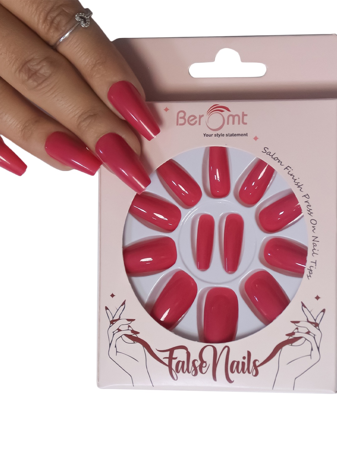 

BEROMT Salon Finish Premium Glossy Press-On False Nail Tips Kit - Shade 418, Red