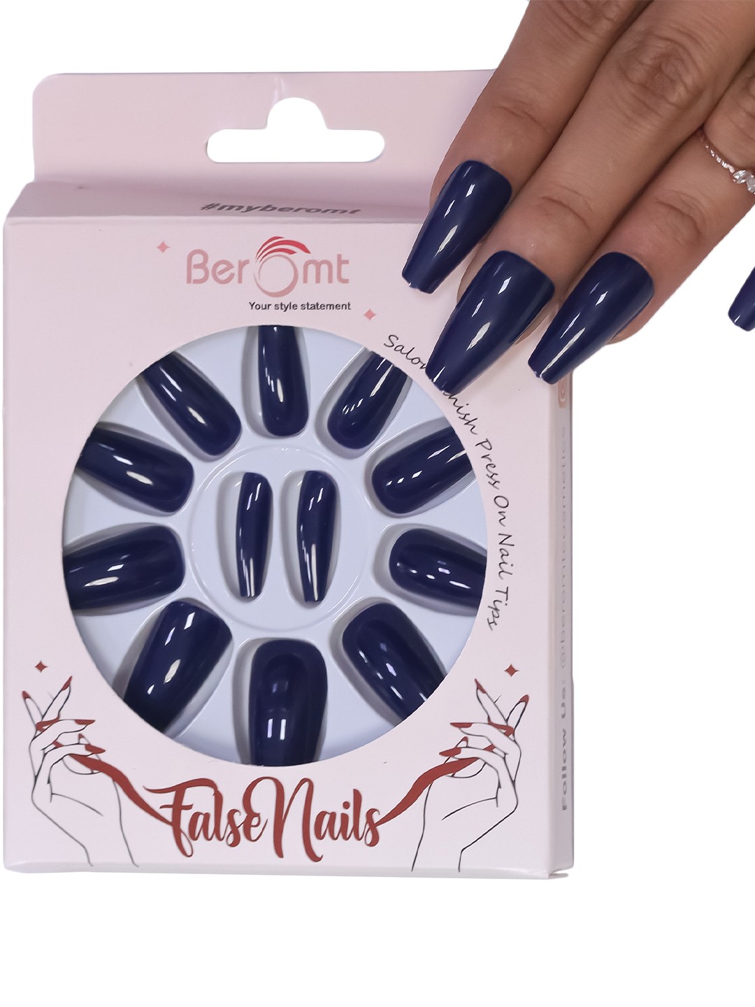 

BEROMT 12 Pcs Long-Lasting Reusable Lightweight Salon Finish Press on Nail Tips-421, Navy blue