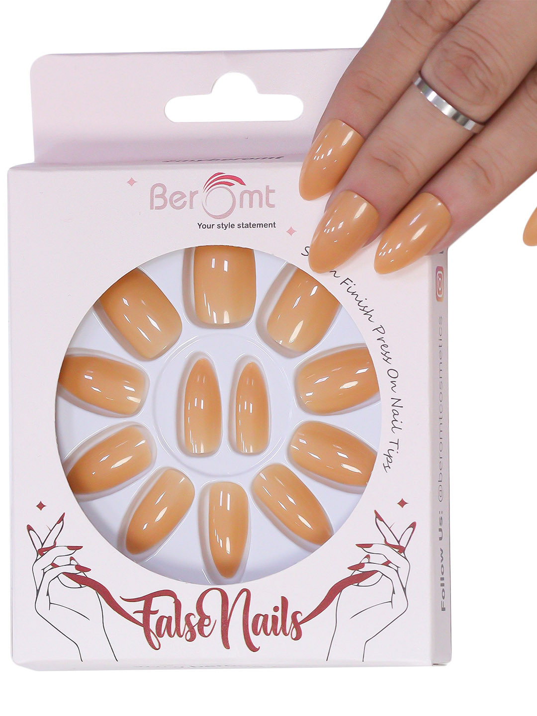 

BEROMT 12 Pcs Long-Lasting Reusable Premium Glossy Salon Finish Press on Nails - Shade 307, Brown