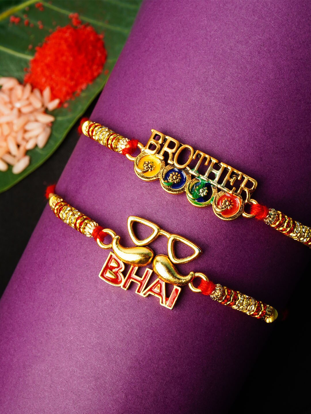 

Urmika Men Set Of 2 Gold Toned & Red Beaded Rakhi