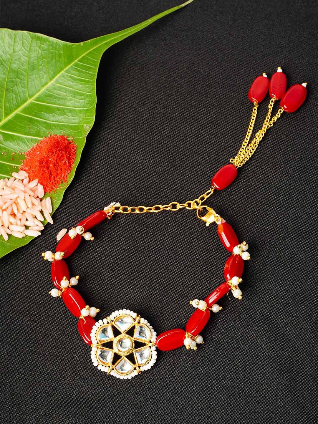 

Urmika Men Gold-Toned White & Red Stone-Studded & Beaded Rakhi