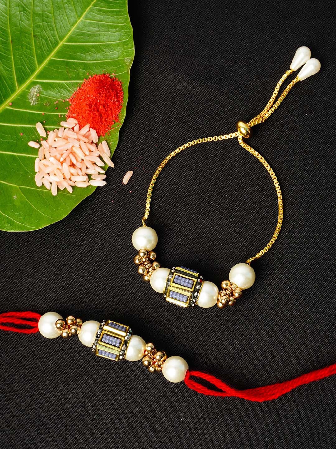 

Urmika Men Set Of 2 Silver-Toned White Pearl Beaded Rakhi