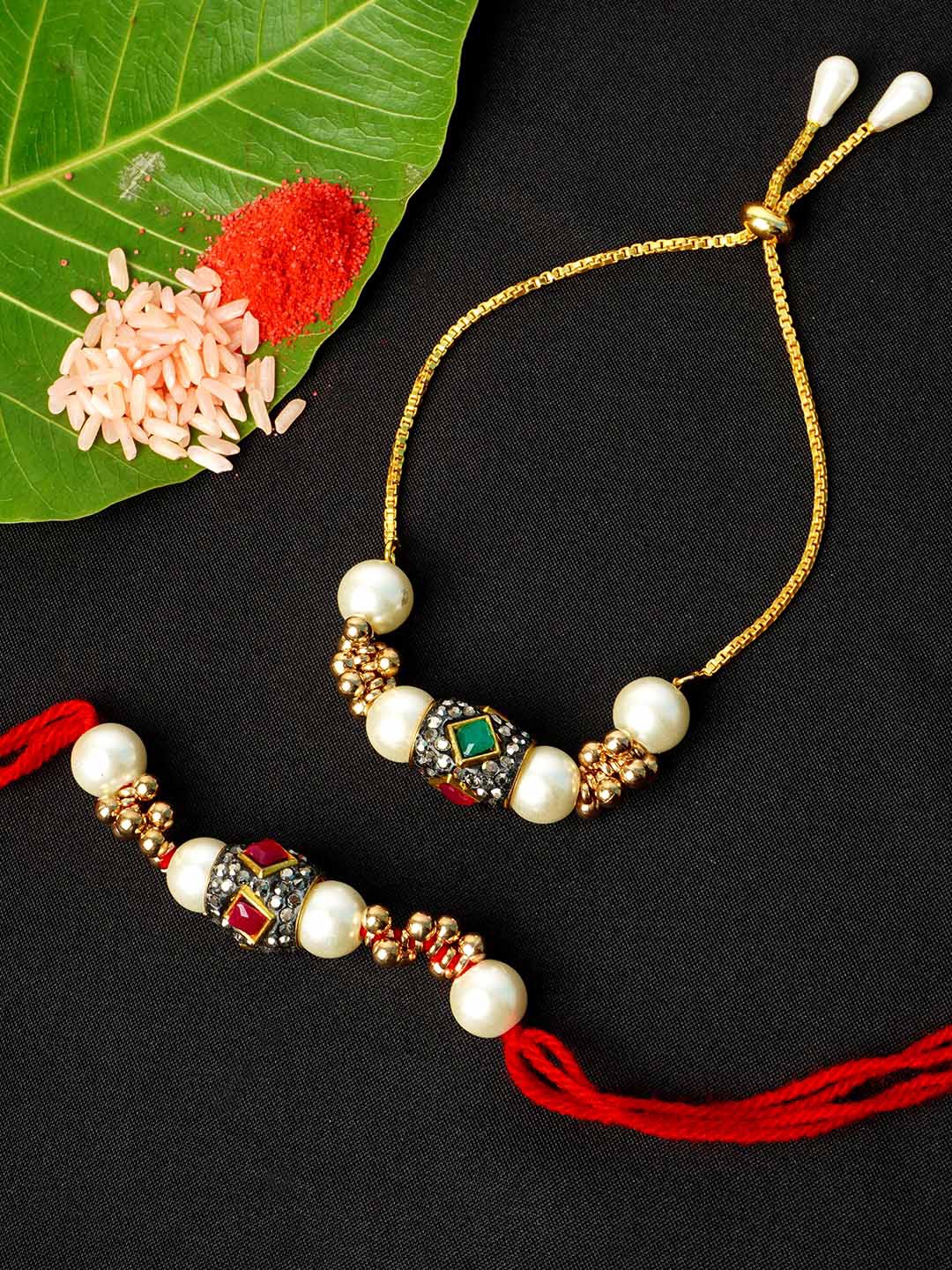 

Urmika Set of 2 Crystal Beaded Rakhi With Roi Chawal, White