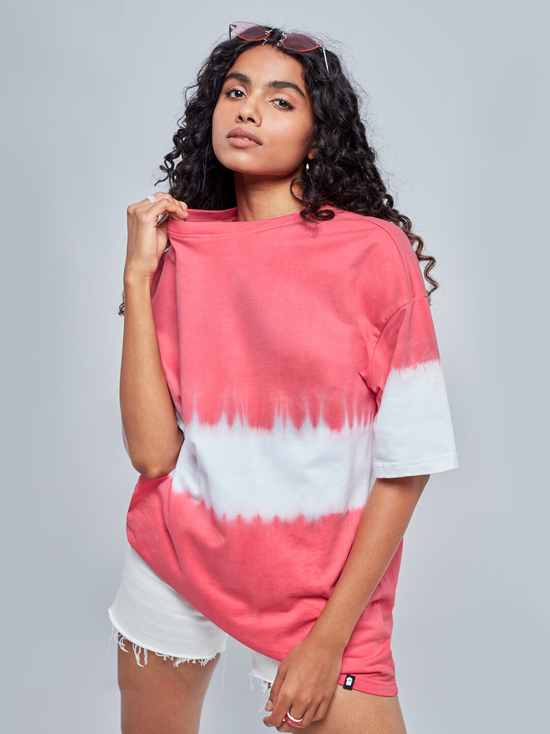 

The Souled Store Women Pink Tie and Dye Dyed Raw Edge Loose T-shirt