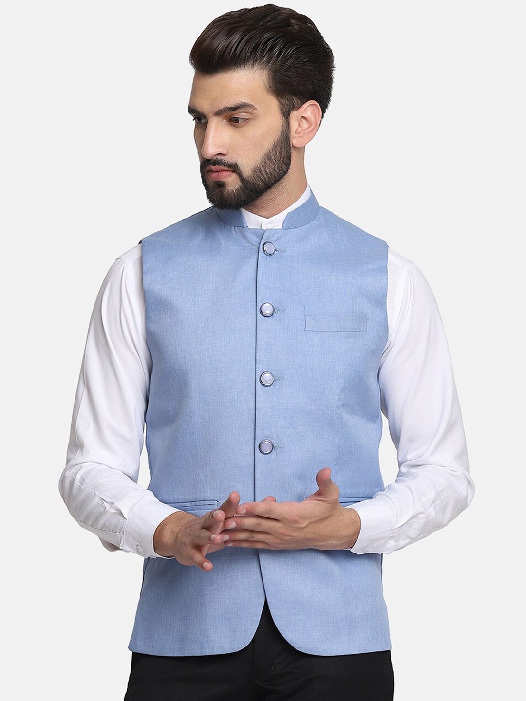 

TAHVO Men Blue Solid Satin Nehru Jackets