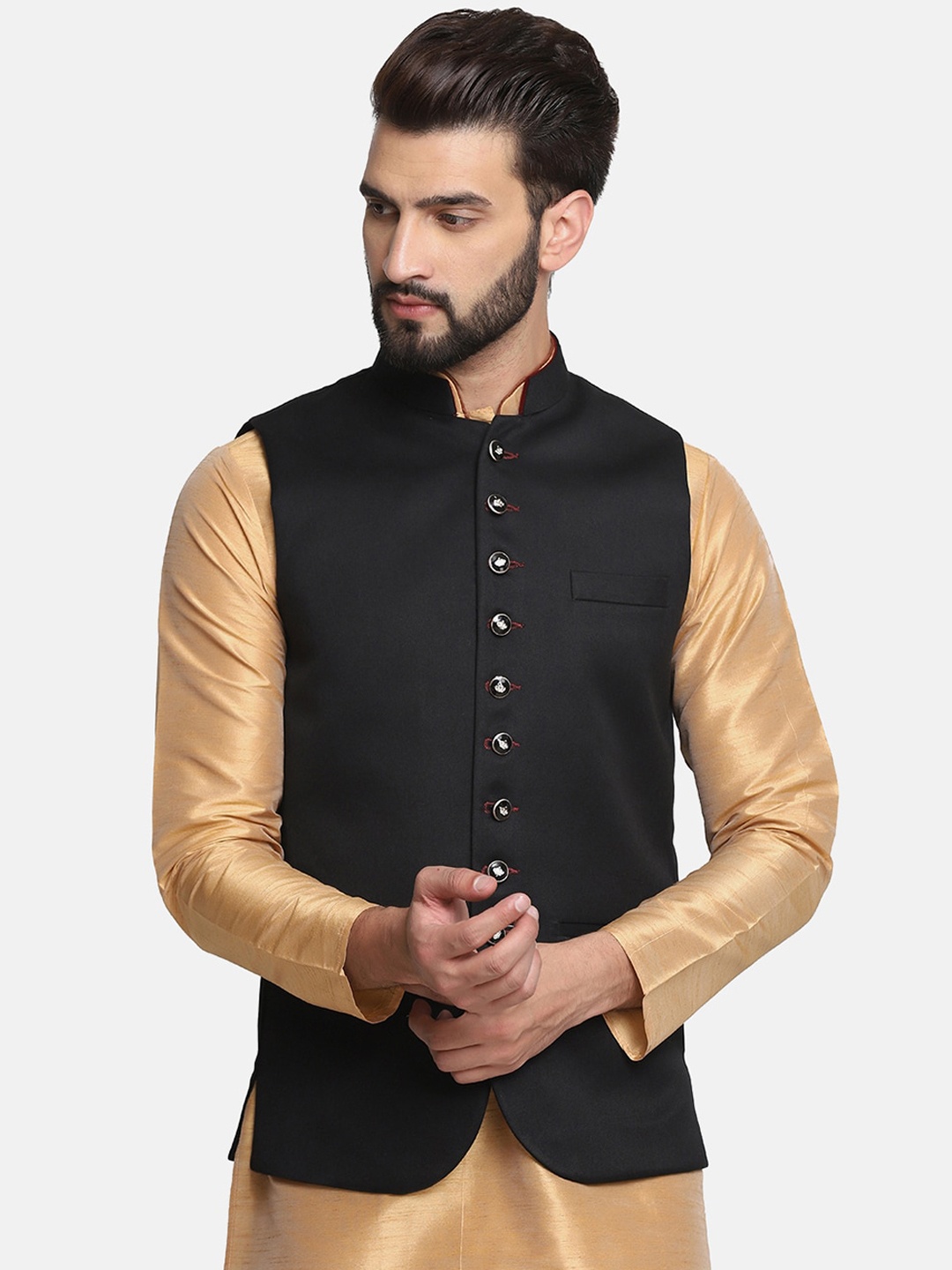 

TAHVO Men Black Solid Satin Nehru Jacket