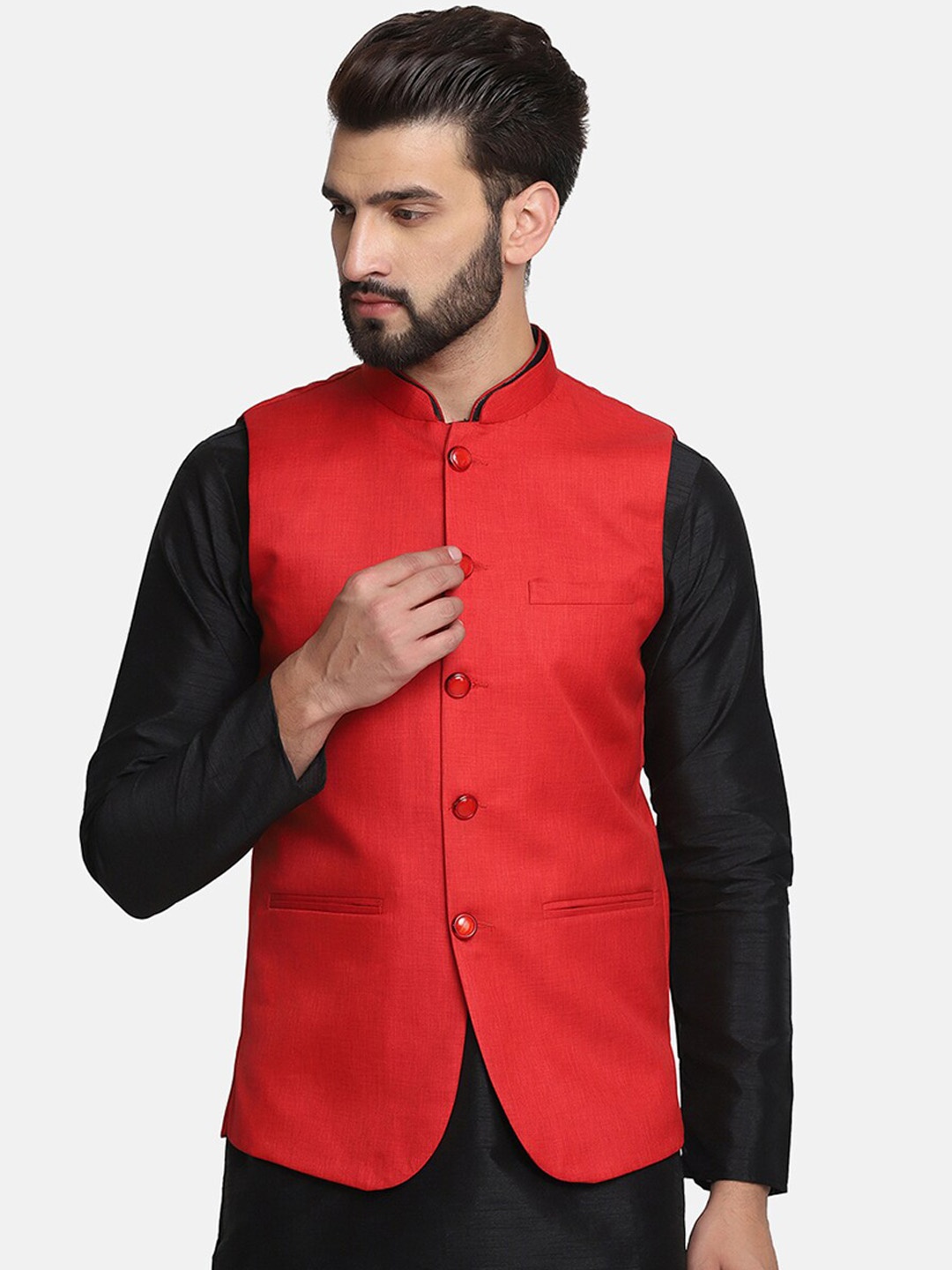 

TAHVO Men Red Solid Woven Nehru Jacket