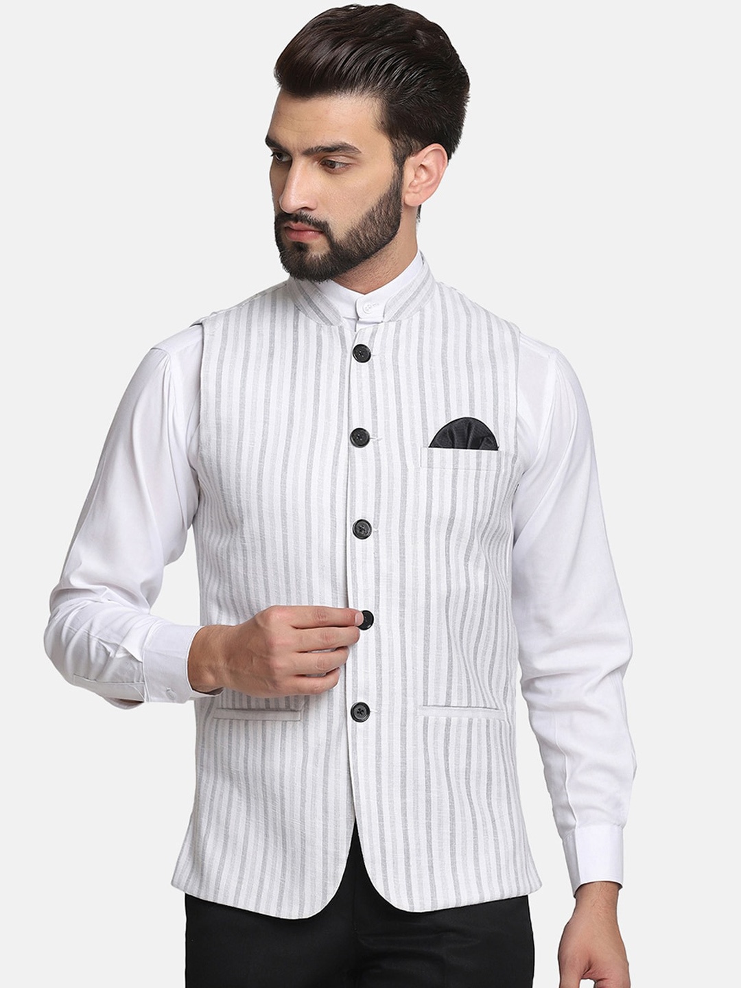 

TAHVO Men White Striped Nehru Jackets