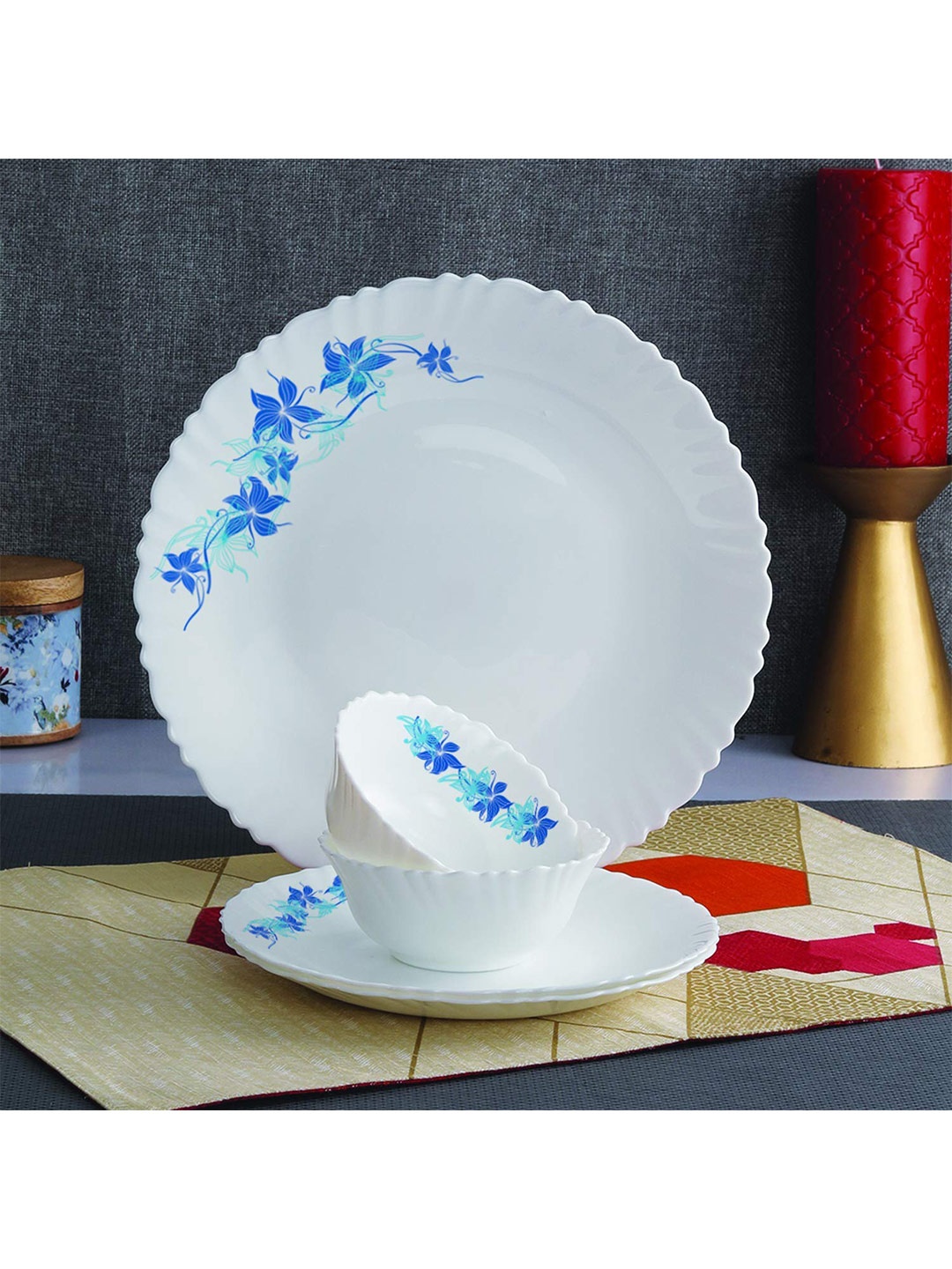 

Cello White & Blue Pieces Floral Printed Opalware Glossy Dinner Set