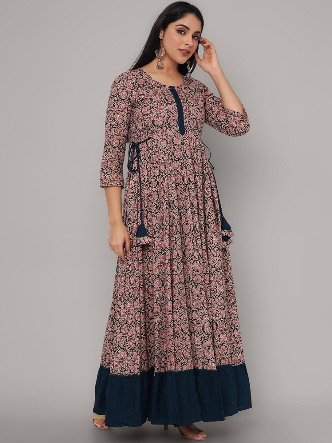 

Sanganeri Kurti Women Mauve Ethnic Motifs Printed Mirror Work Anarkali