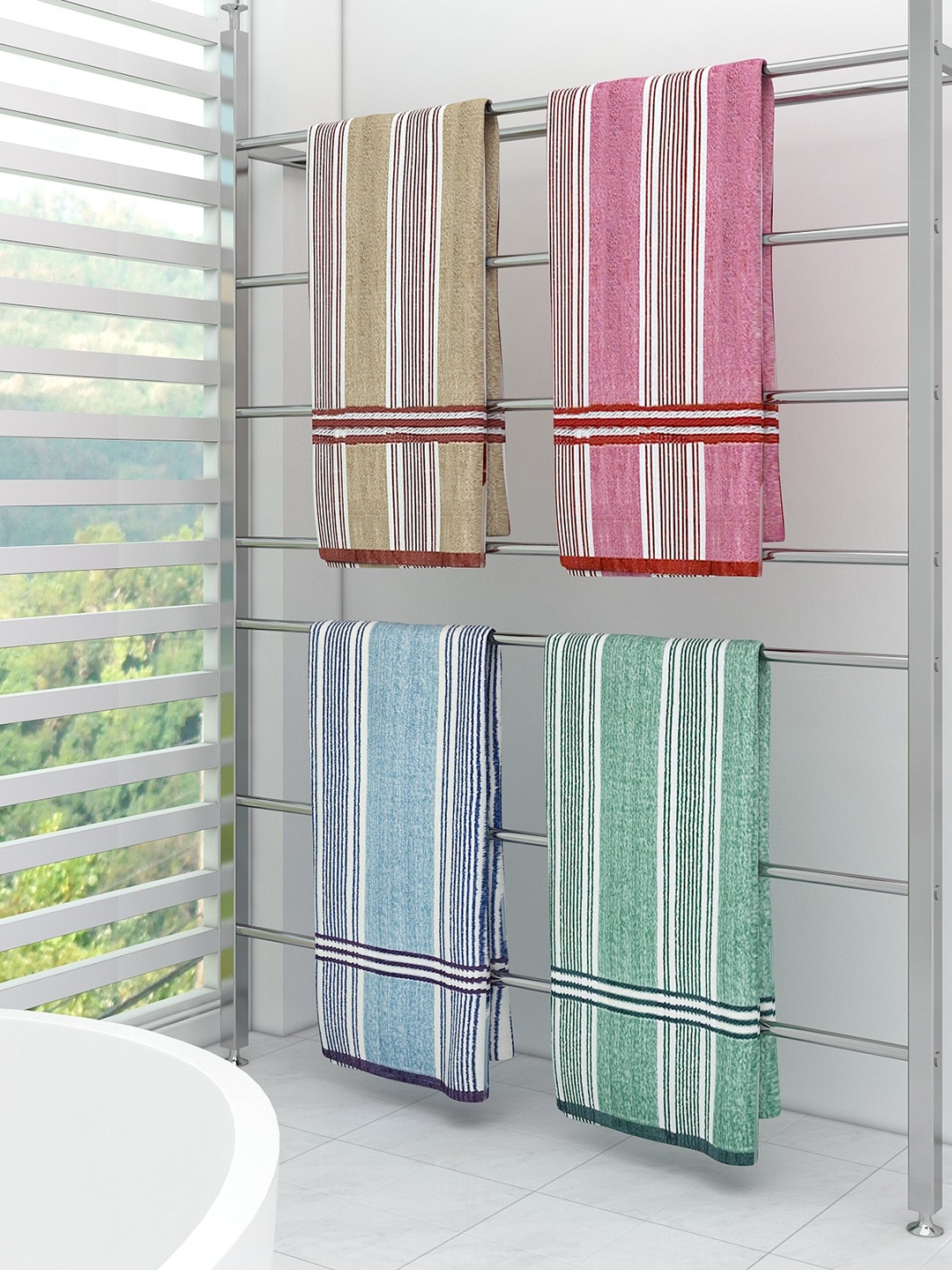 

Athom Trendz Set Of 4 Striped 300 GSM Pure Cotton Bath Towels, Green