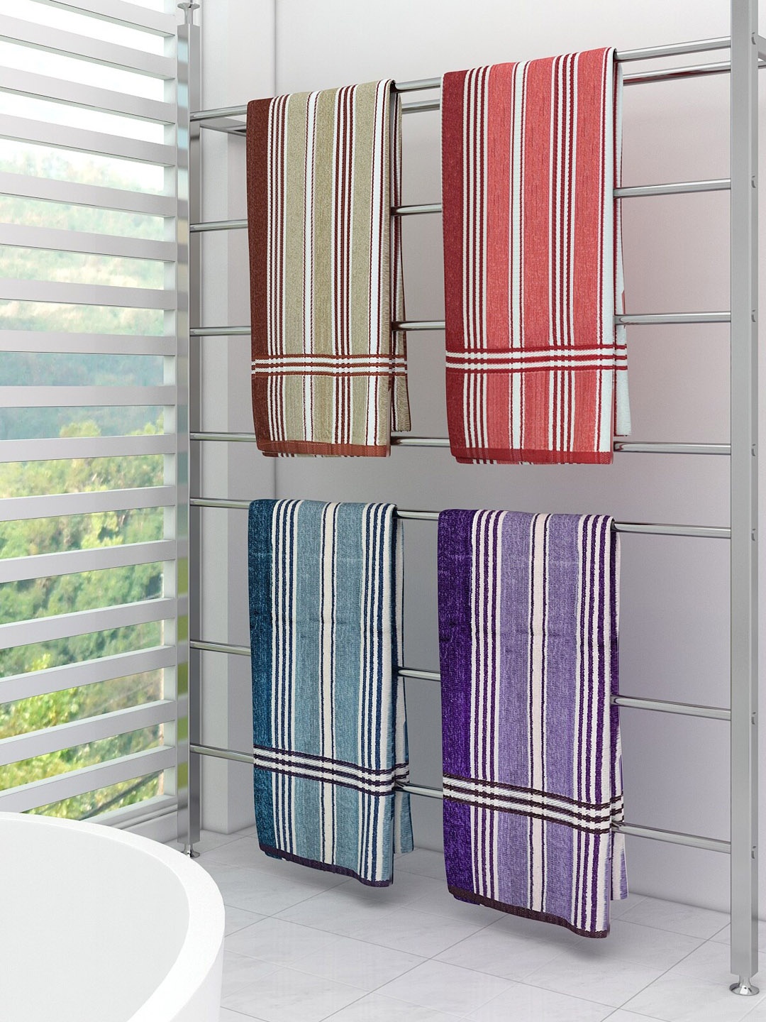 

Athom Trendz Set of 4 Striped Cotton 300 GSM Bath Towels, Red