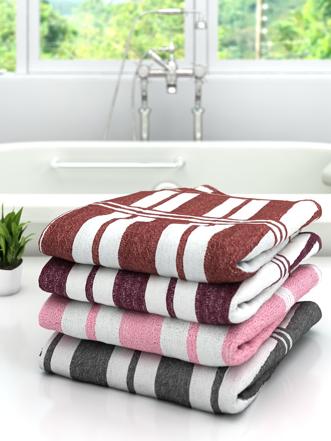 

Athom Trendz Pack Of 4 Pink & Brown Striped 300 GSM Pure Cotton Bath Towels, Multi