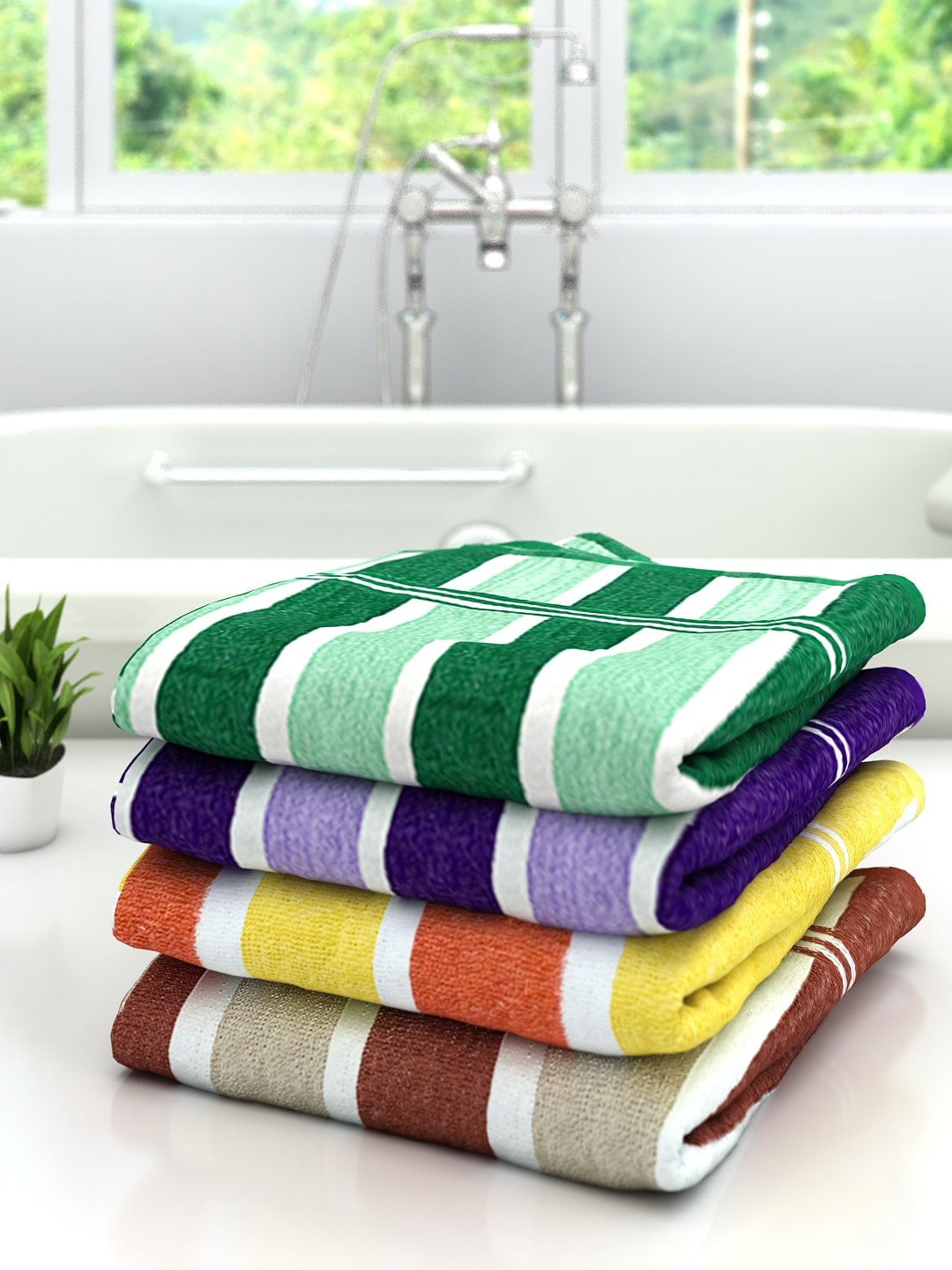 

Athom Trendz Set Of 4 Striped 300 GSM Pure Cotton Bath Towel, Green