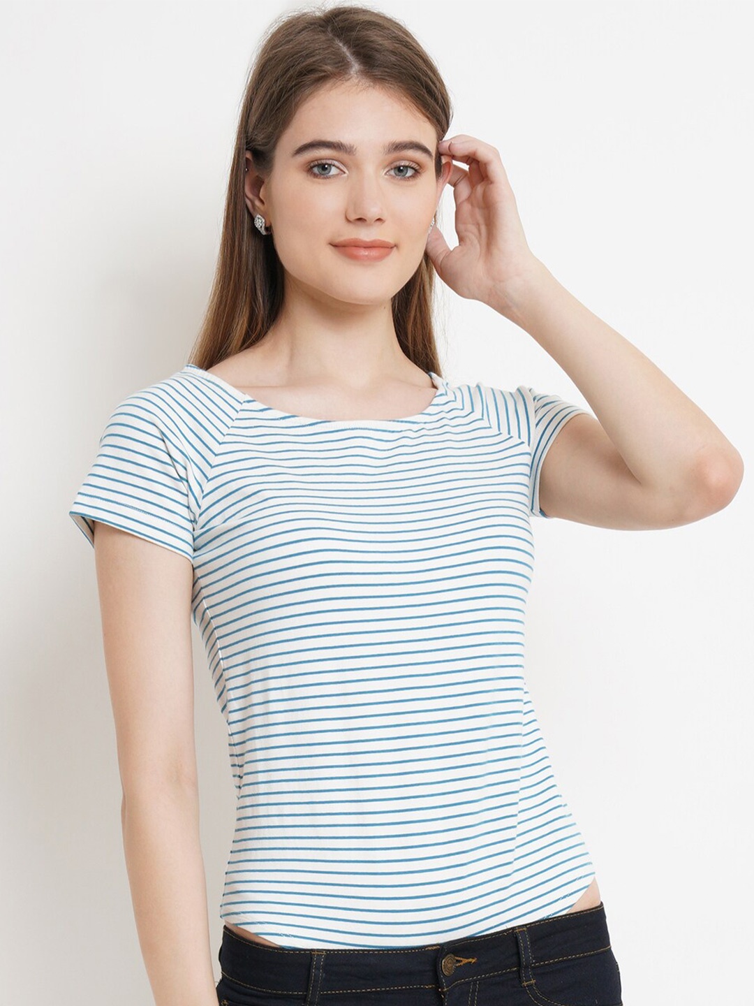 

Purple State Women White Striped Slim Fit T-shirt