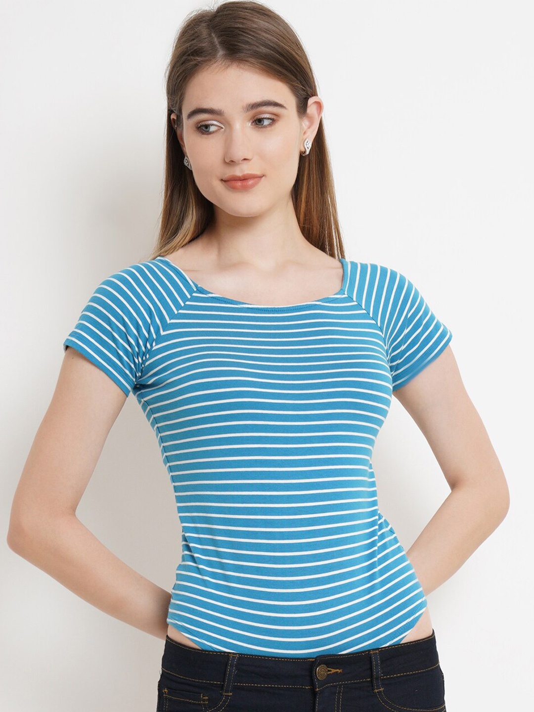

Purple State Women Blue Striped Slim Fit T-shirt