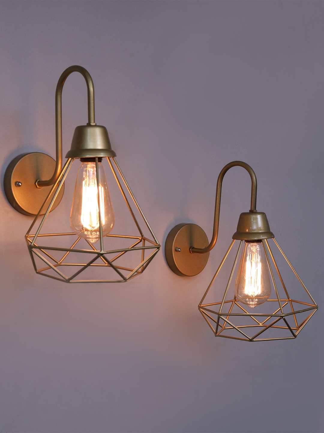 

Homesake Set Of 2 Gold-Colored Diamond Cage-Shaped Wall Lamps
