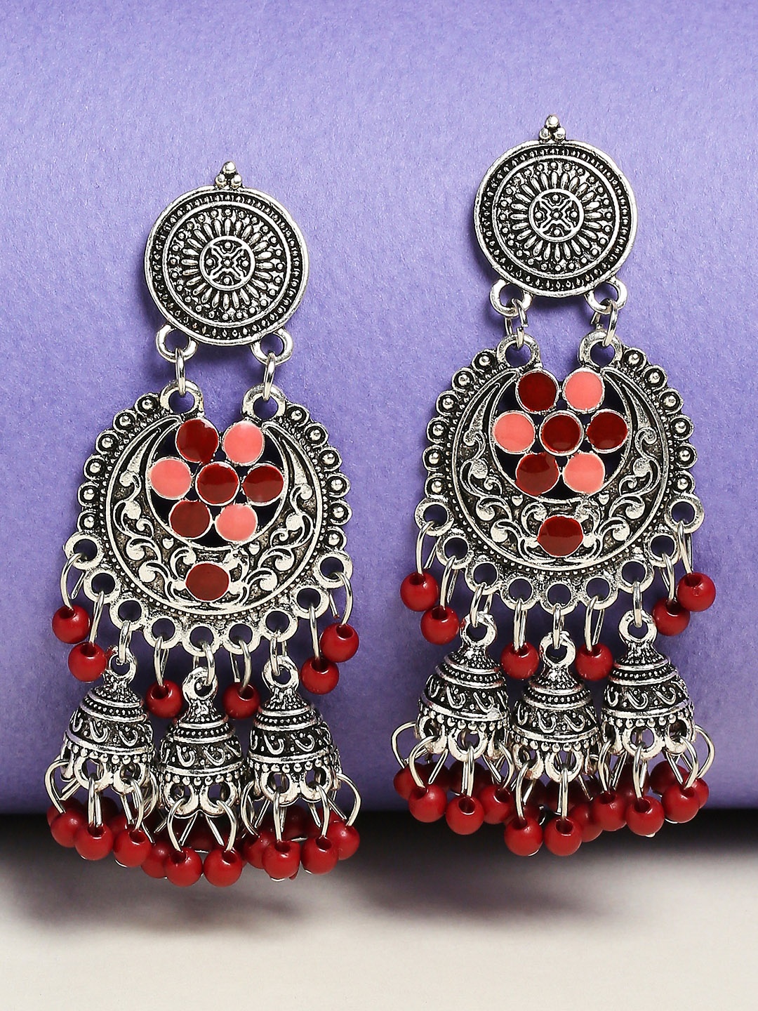 

OOMPH Maroon Dome Shaped Jhumkas Earrings