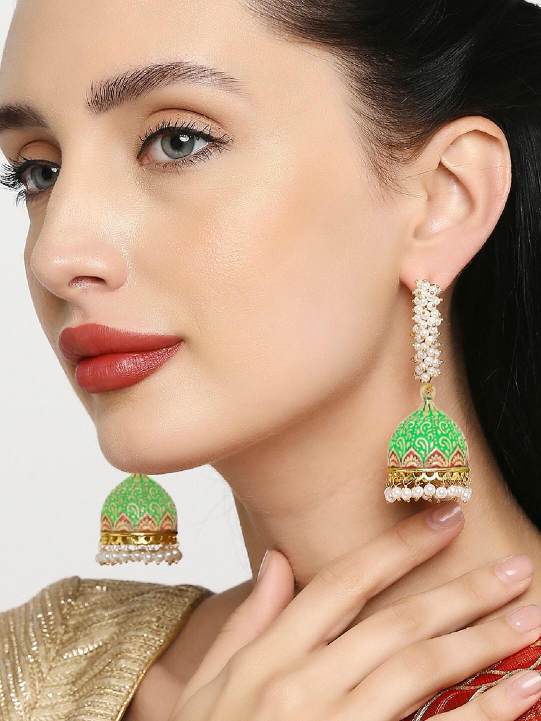 

OOMPH Green Dome Shaped Jhumkas Earrings