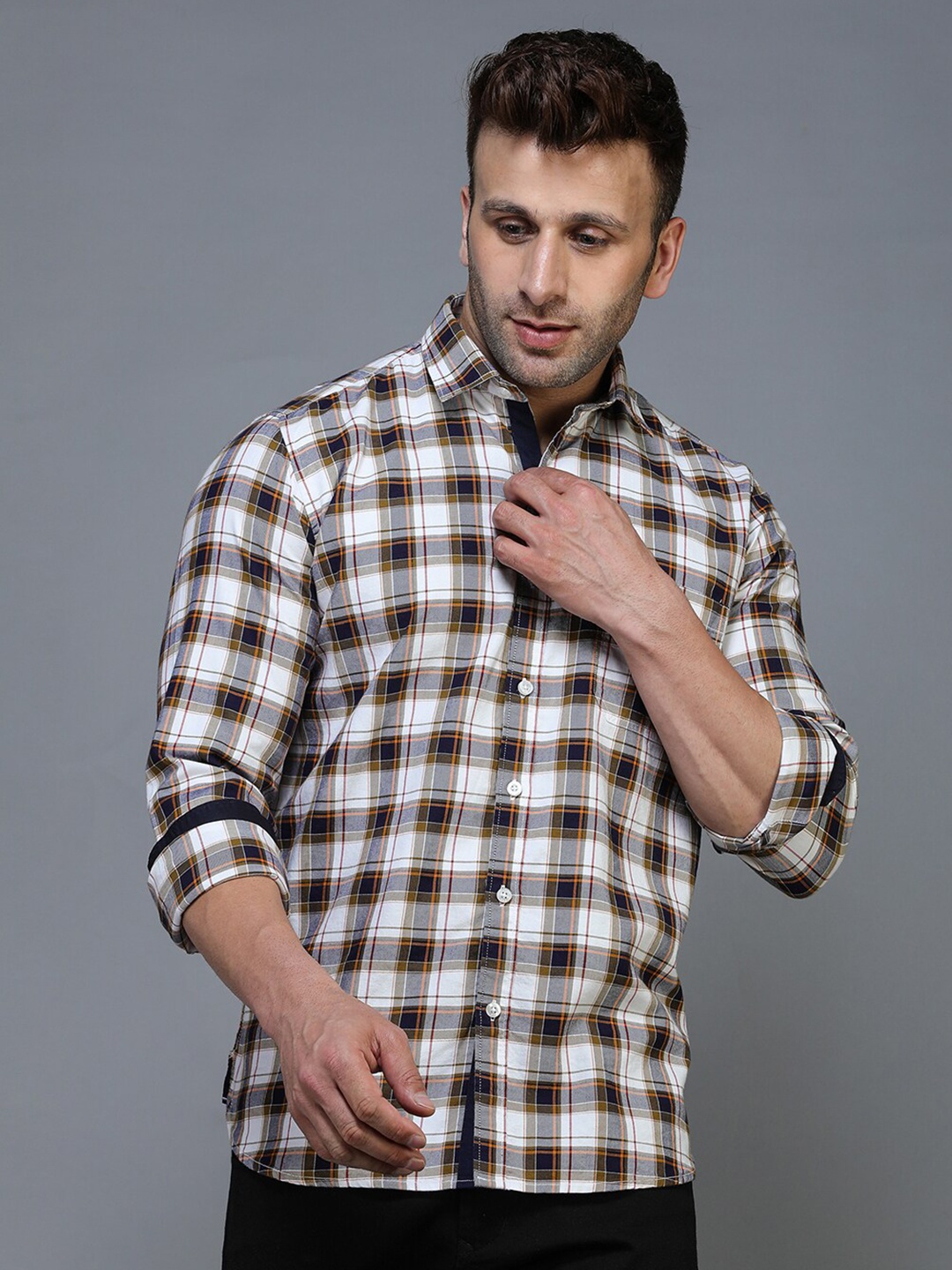 

TQS Men Khaki Standard Tartan Checks Checked Casual Shirt