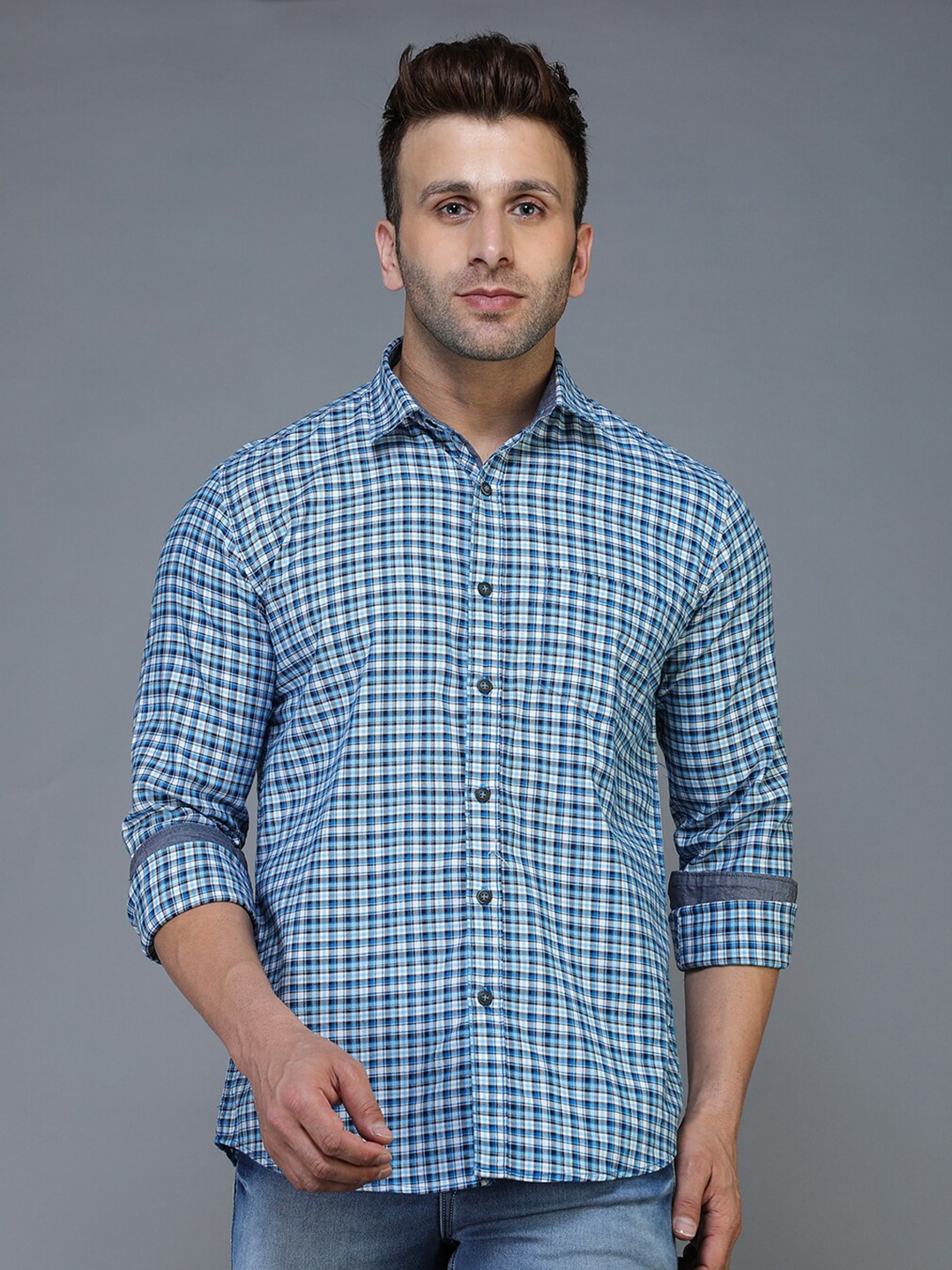 

TQS Men Navy Blue Standard Checked Casual Shirt