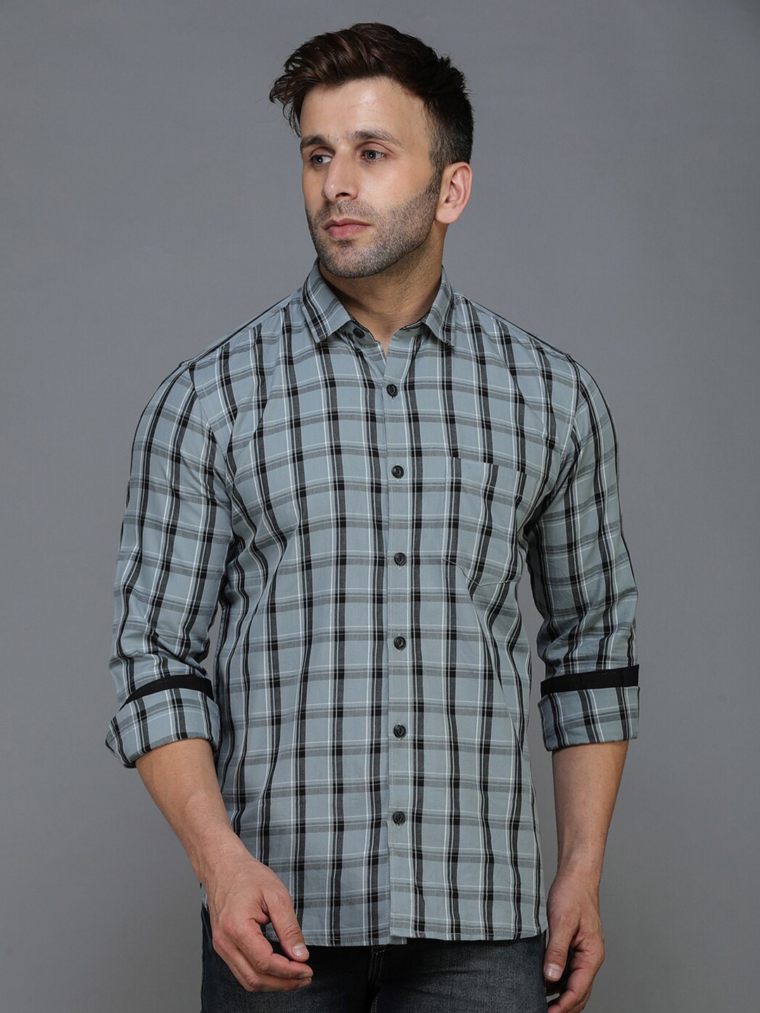 

TQS Men Grey Standard Tartan Checks Checked Casual Shirt