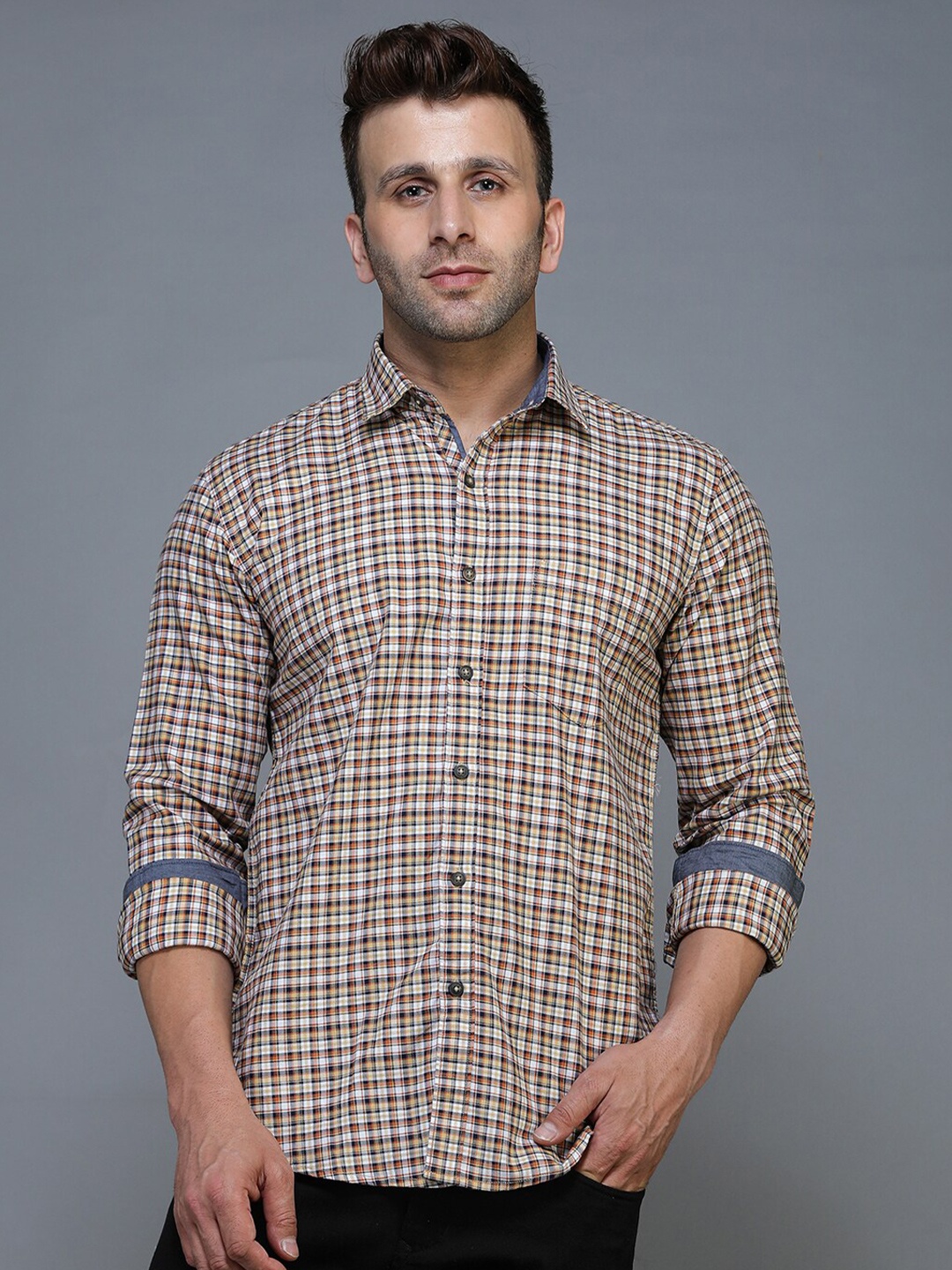 

TQS Men Mustard Standard Checked Casual Shirt