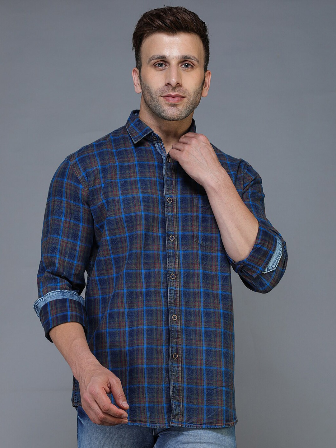 

TQS Men Blue Standard Tartan Checks Checked Casual Shirt