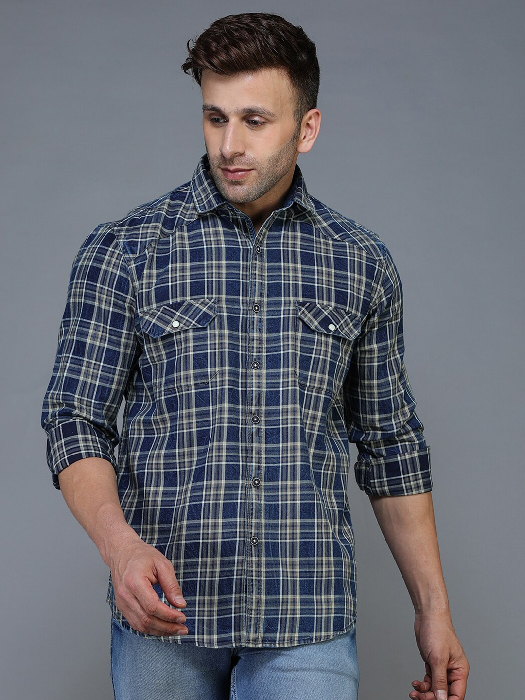 

TQS Men Blue Standard Tartan Checks Checked Casual Shirt