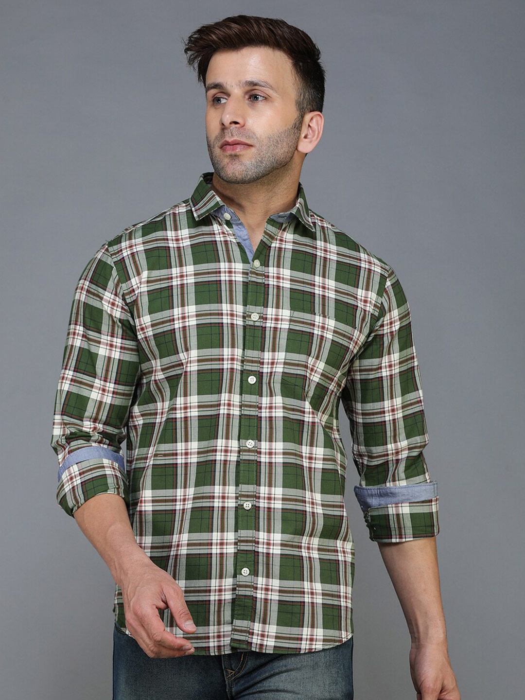 

TQS Men Green Standard Tartan Checks Checked Casual Shirt