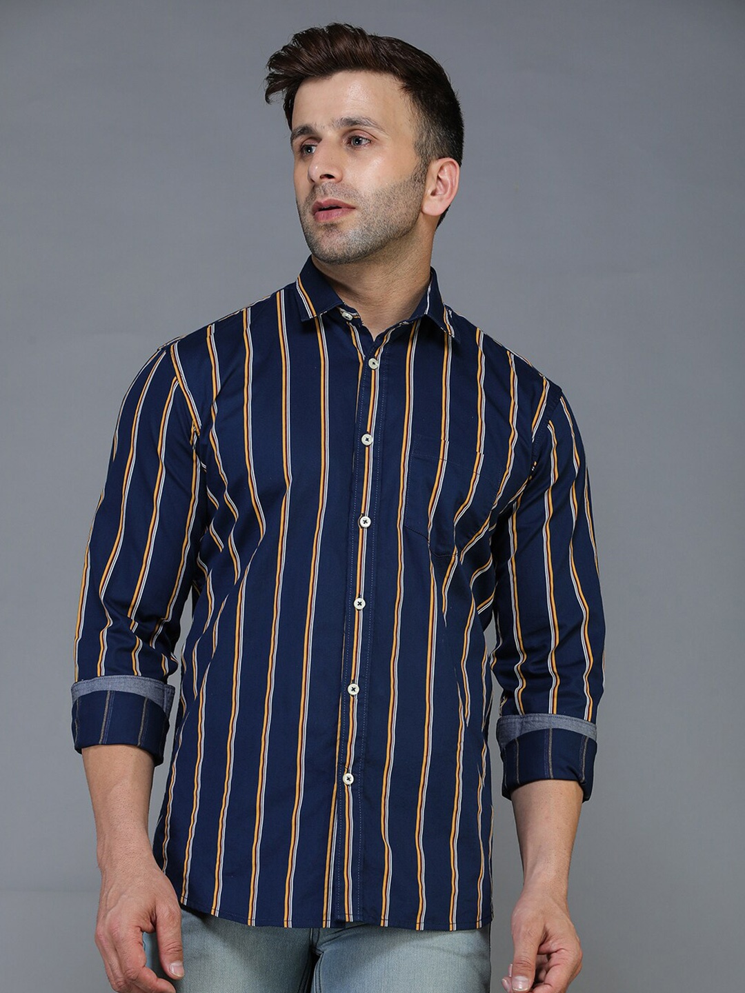 

TQS Men Navy Blue Standard Striped Casual Shirt