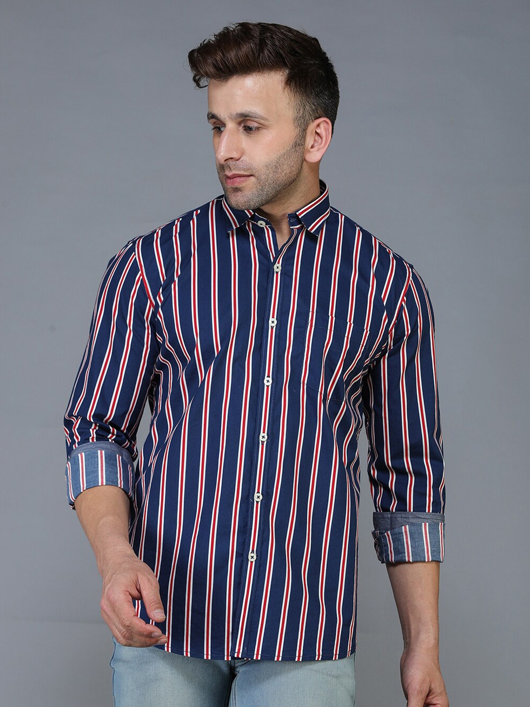 

TQS Men Navy Blue Standard Striped Casual Shirt
