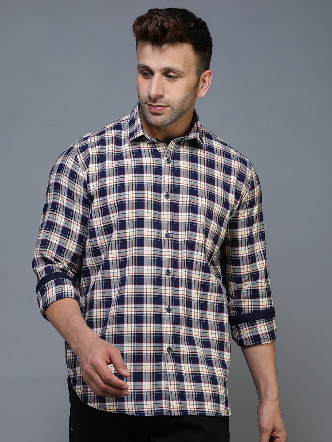 

TQS Men Navy Blue Standard Buffalo Checks Checked Casual Shirt