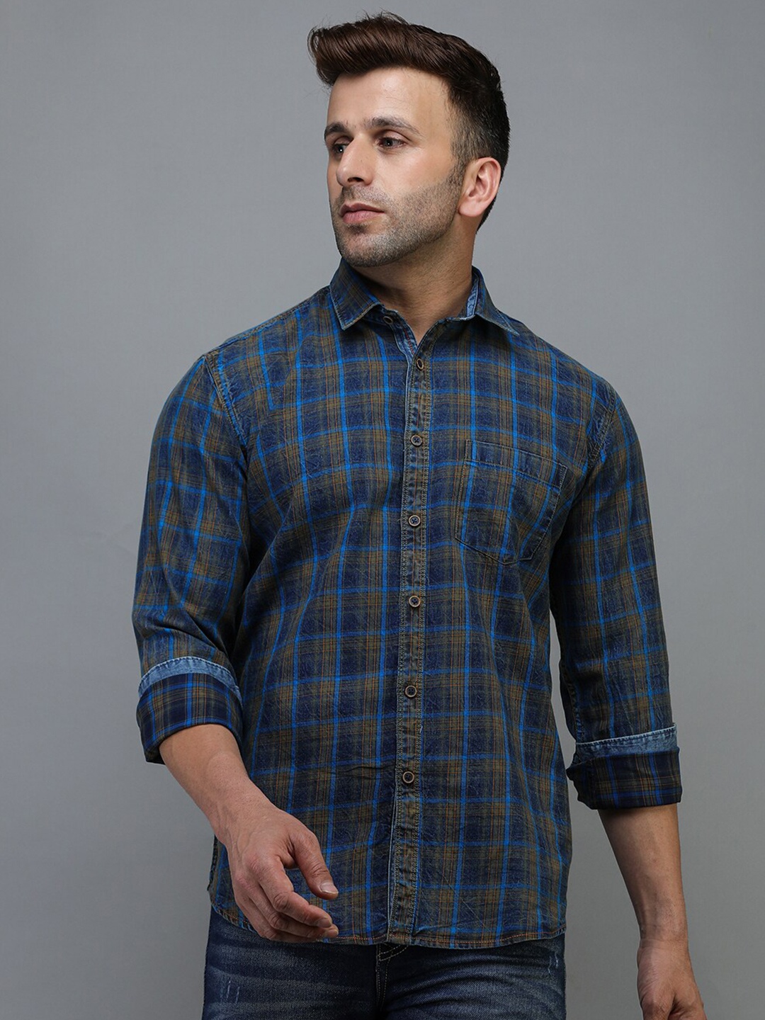 

TQS Men Blue Standard Tartan Checks Checked Casual Shirt