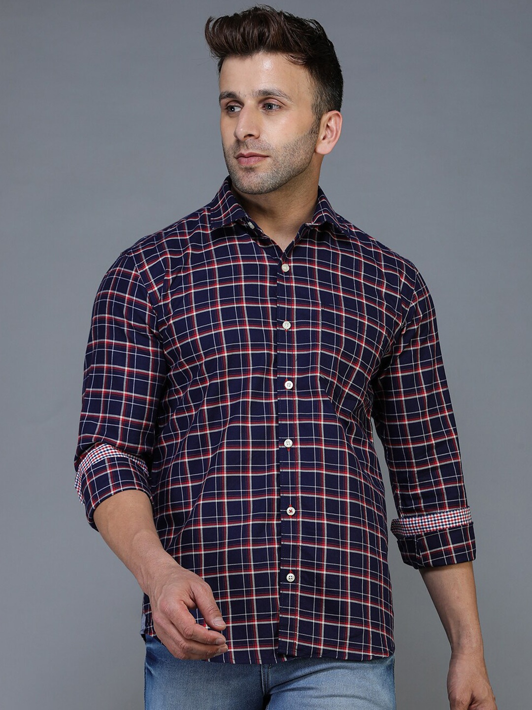 

TQS Men Navy Blue Standard Grid Tattersall Checks Checked Casual Shirt