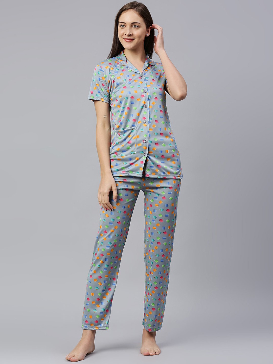 

Pretty Awesome Women Grey & Red Printed Night suit