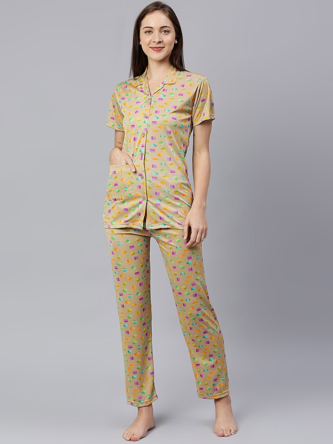 

Pretty Awesome Women Beige & Purple Printed Night suit