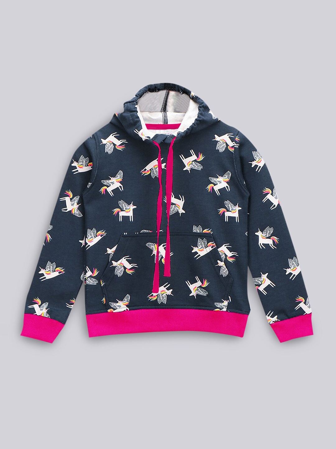 

Hopscotch Girls Blue Printed Hooded Sweatshirt