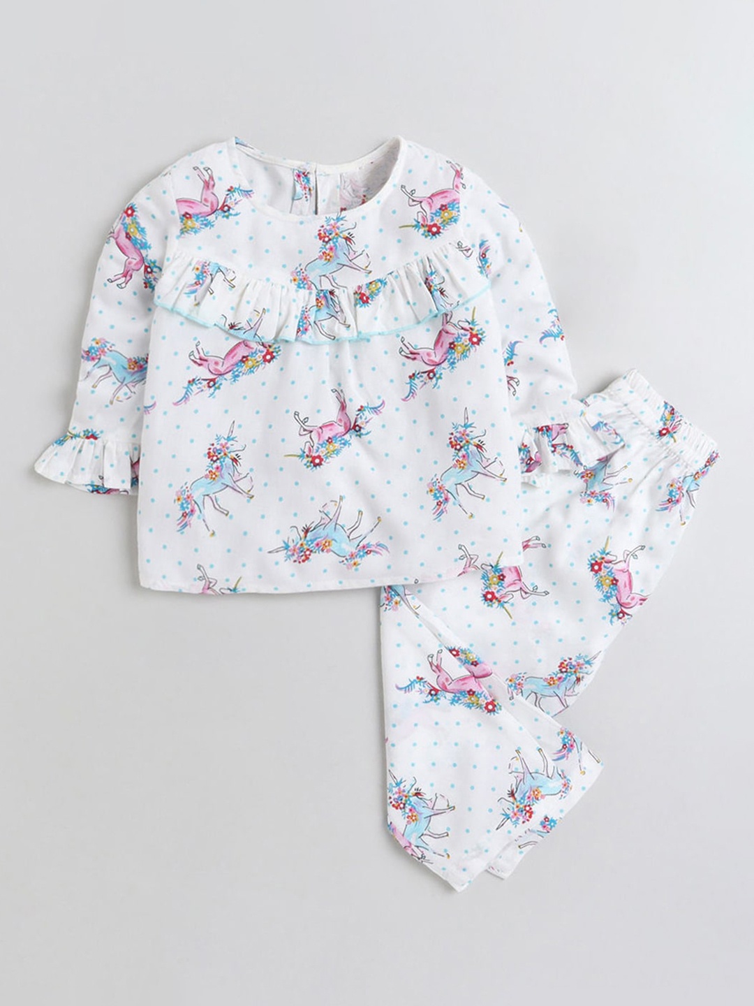 

Hopscotch Girls White & Pink Printed Pure Cotton Night suit