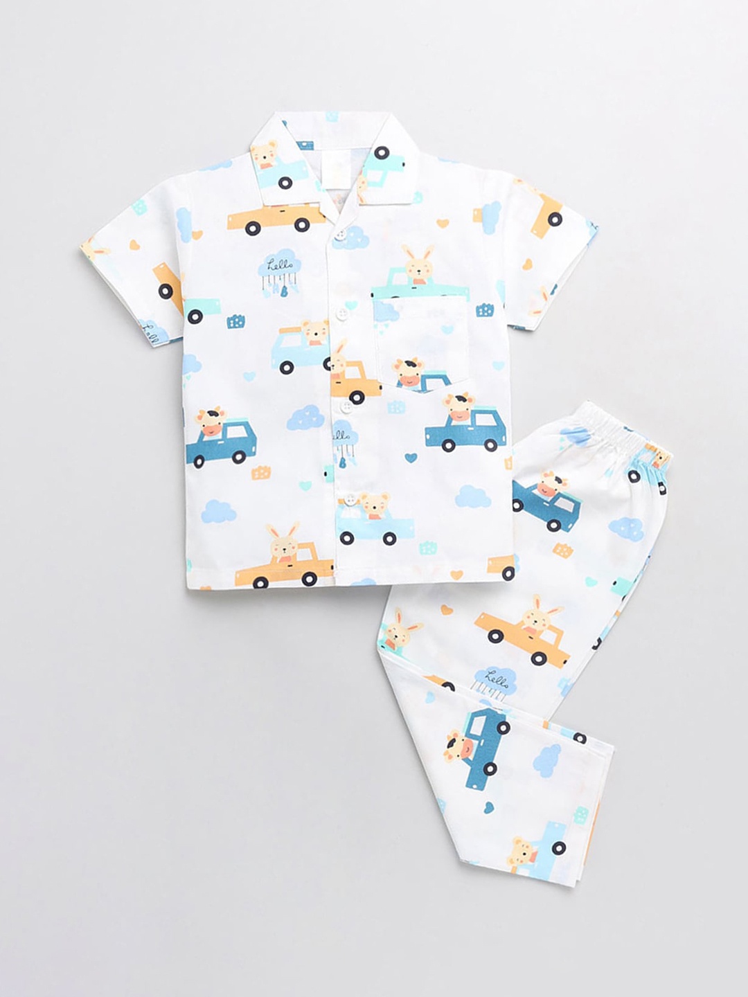 

Hopscotch Boys White & Blue Printed Night suit