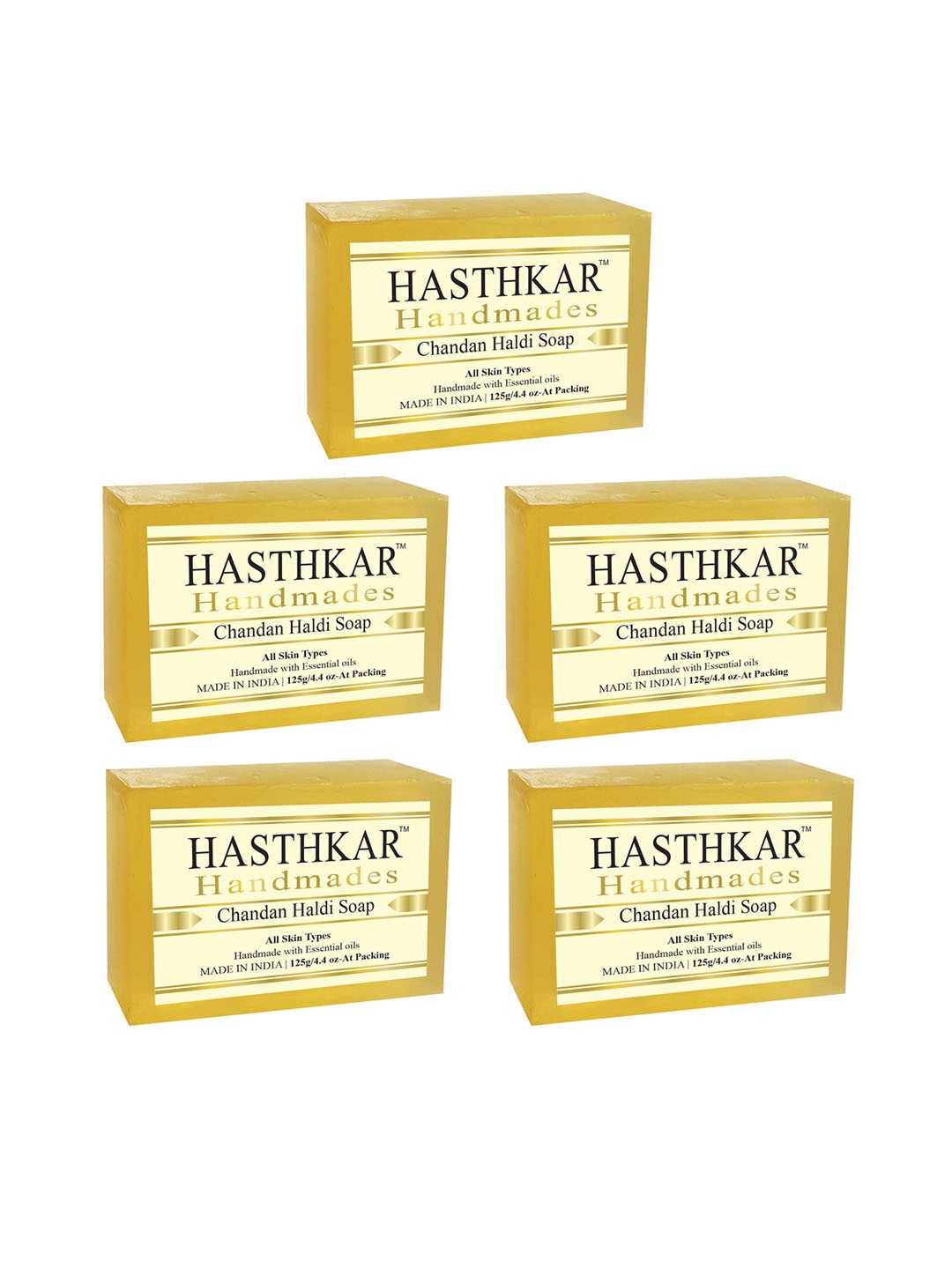 

Hasthkar Set of 5 Handmade Chandan Haldi Soap with Glycerin & Coconut Oil - 125 g Each, Yellow