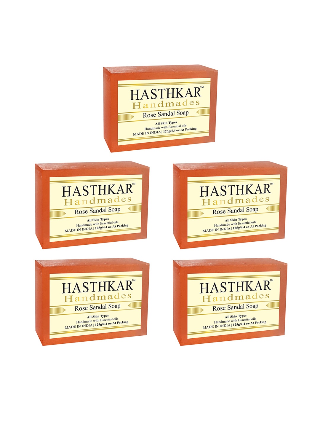 

Hasthkar Set of 5 Handmade Rose Sandal Soap with Glycerin & Coconut Oil - 125 g Each, Orange