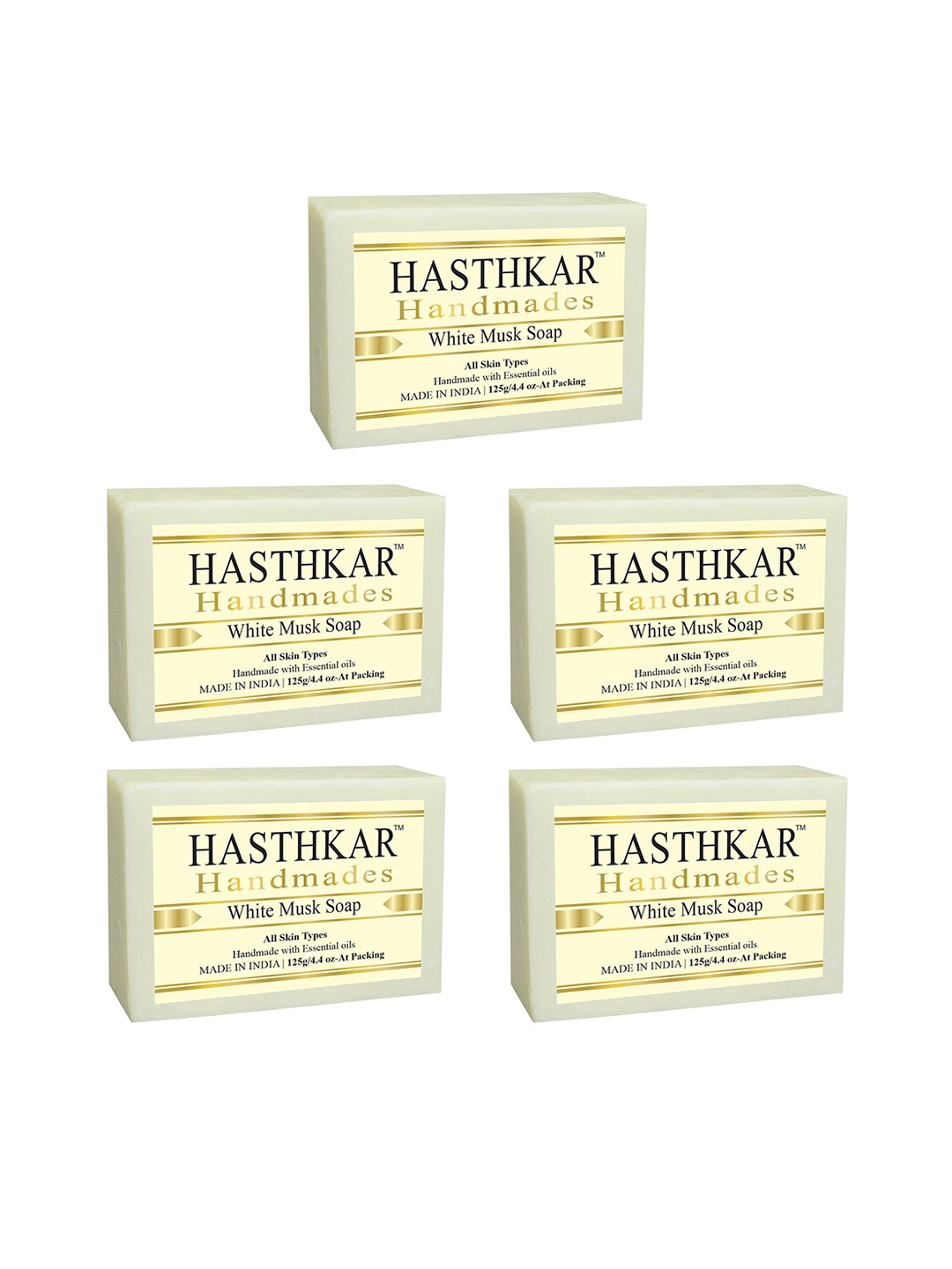 

Hasthkar Set of 5 Handmade White Musk Soap with Glycerin & Coconut Oil - 125 g Each, Off white