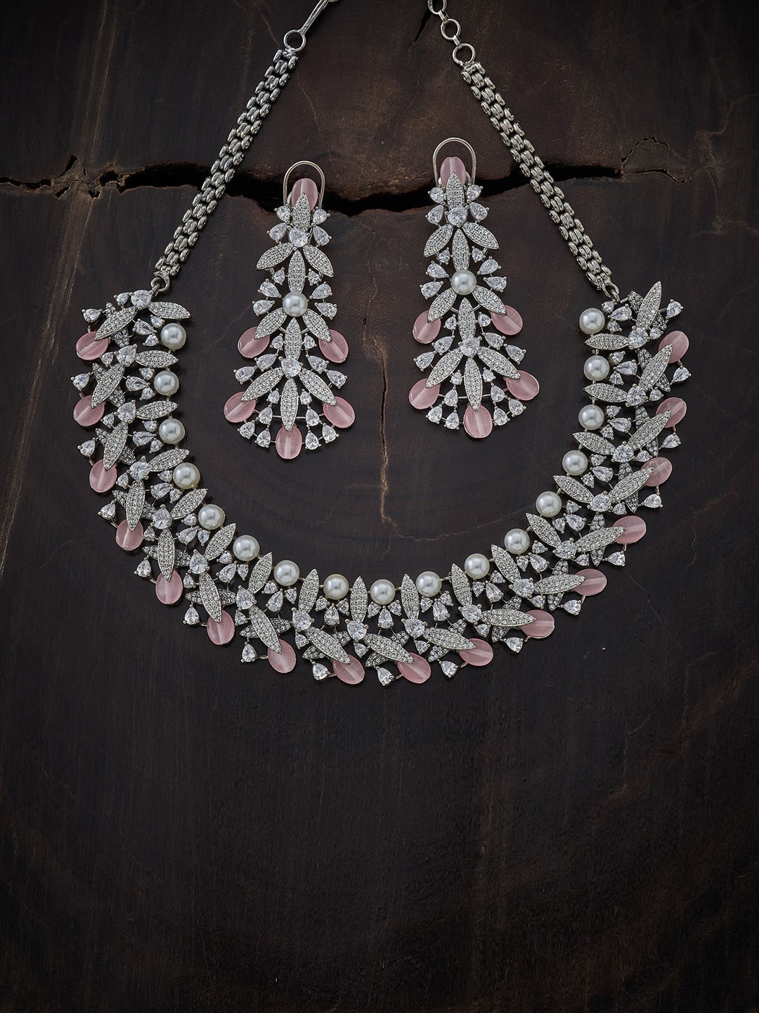 

Kushal's Fashion Jewellery Rhodium-Plated Pink CZ-Studded Jewellery Set