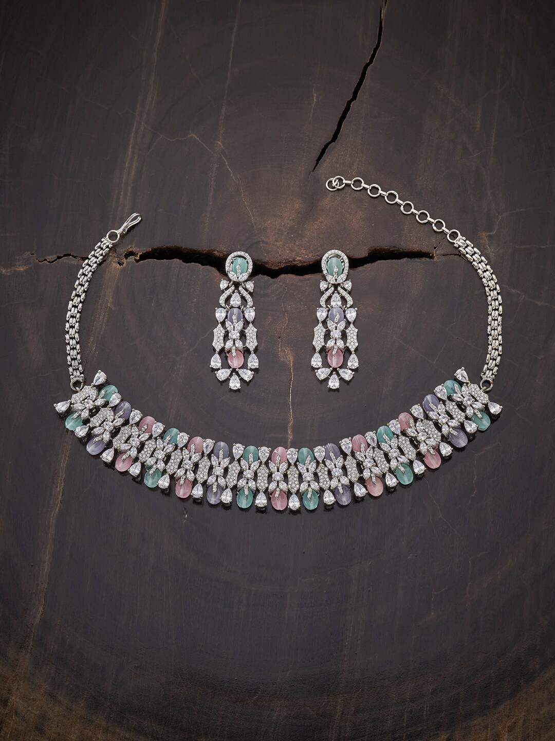 

Kushal's Fashion Jewellery Rhodium-Plated White & Pink CZ-Studded Jewellery Set