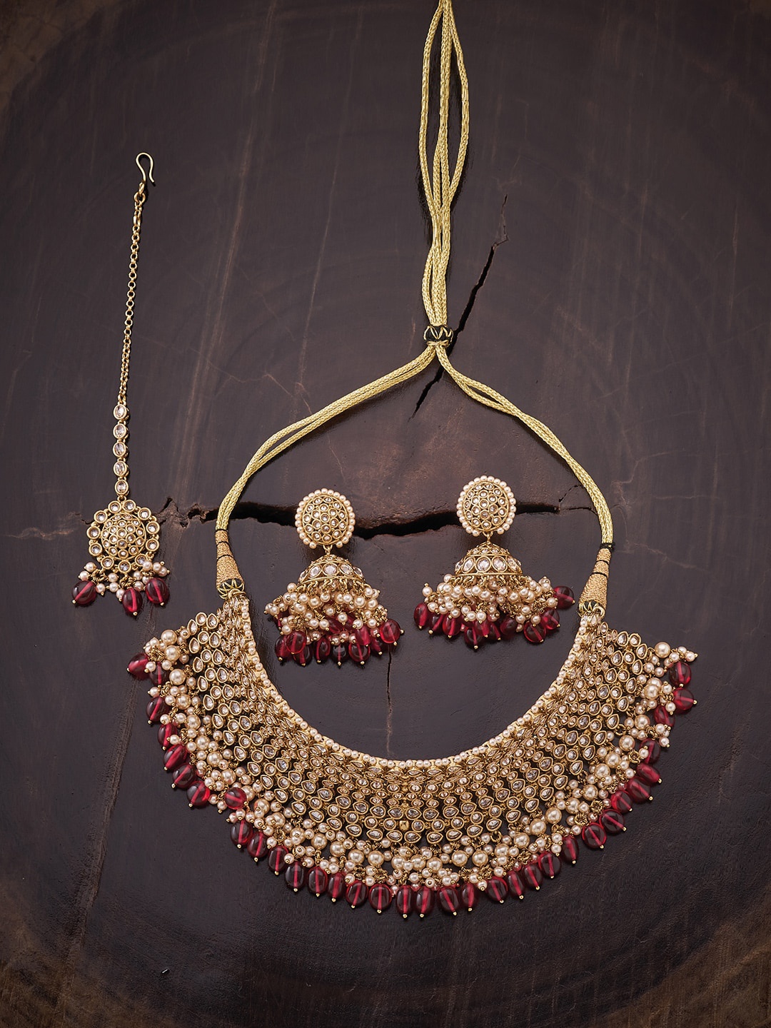

Kushal's Fashion Jewellery Women Gold-Plated Red Beaded Stone Studded Jewellery Set