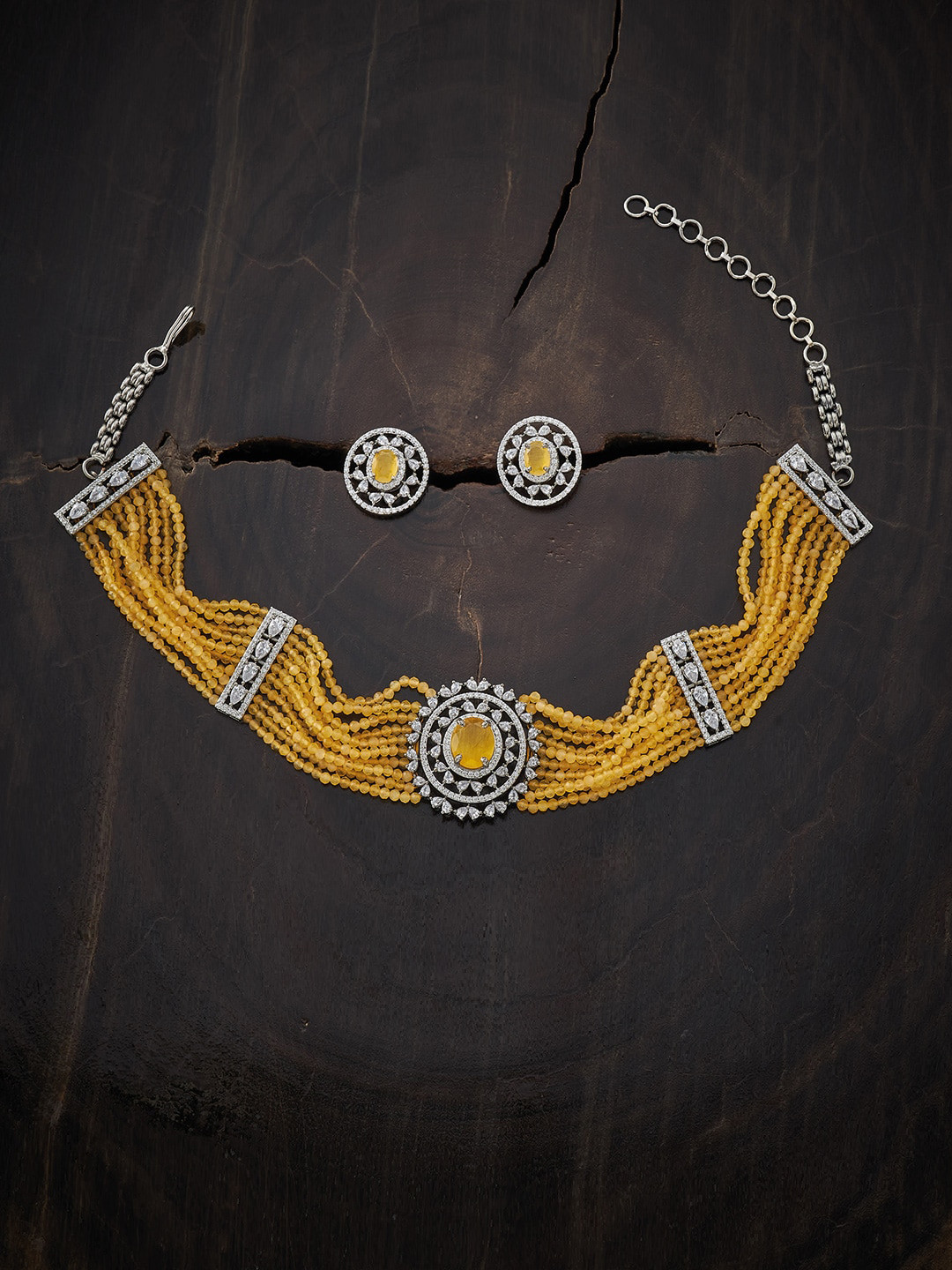 

Kushal's Fashion Jewellery Rhodium-Plated Yellow-Colored CZ Studded Choker Jewellery Set