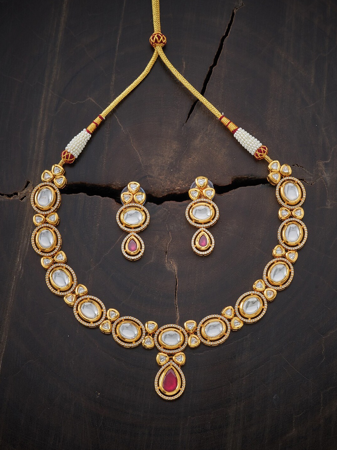 

Kushal's Fashion Jewellery Gold-Plated Red Kundan-Studded Jewellery Set