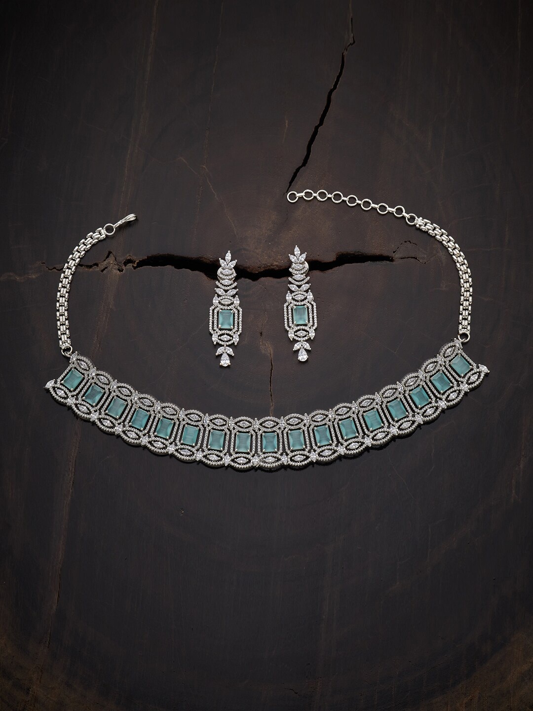 

Kushal's Fashion Jewellery Rhodium Plated Sea Green & White CZ -Studded & Beaded Jewellery Set